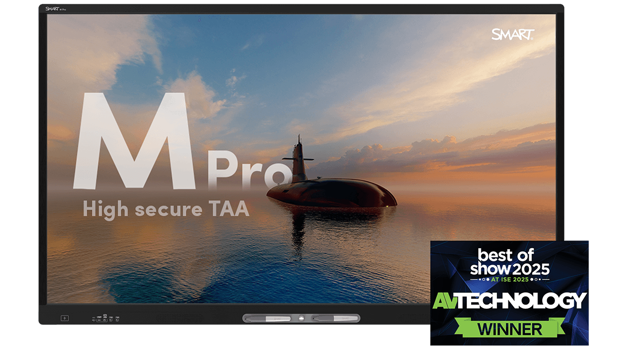 SMART Board M Pro High Secure TAA interactive display showing an image of a submarine emerging from the ocean at sunset. To the right, there is an AV Technology 'Best of Show 2025' award badge.