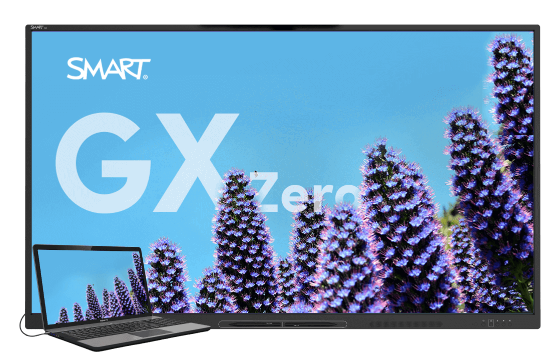 The SMART Board GX Zero interactive display for education, paired with an open laptop, demonstrating the connectivity options for teaching.
